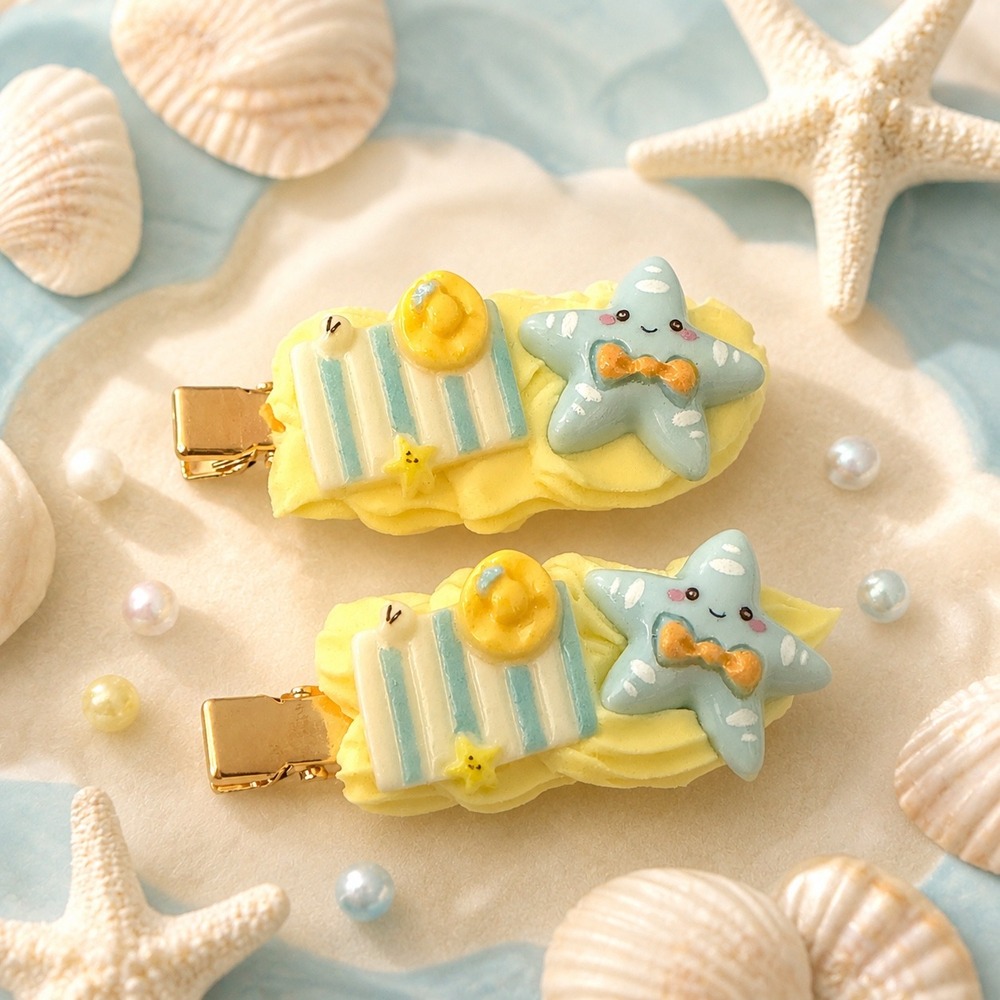 Beach Starfish Hair Clips 2pc Set Blue Starfish Beach Towel Sun Hat Resin Clips